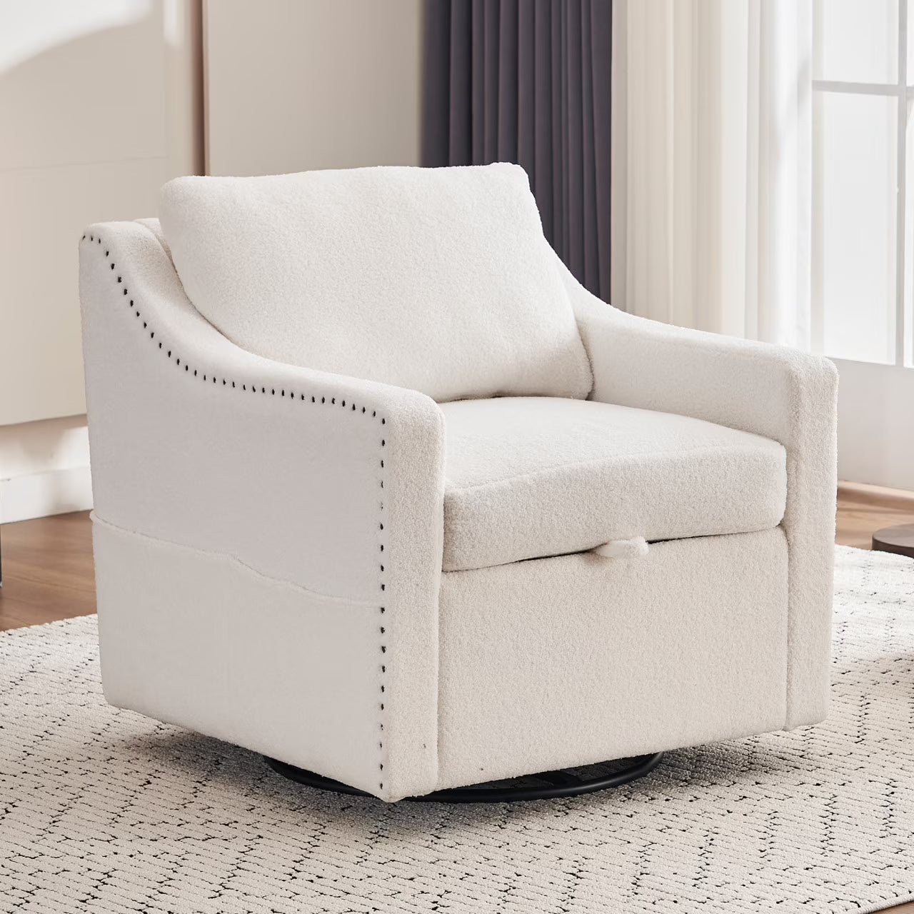 Swivel Barrel Chair, Swivel Accent Chair for Living Room with Storage Seat and Pillow, 360 Degree Swivel Barrel Club Chair, Round Armchairs Nursery, Hotel, Bedroom, Office, Lounge, Ivory White