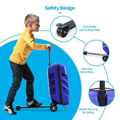 TABU Scooter Luggage for Kids & Adults, Carry on Luggage with Wheels for Kids Ages 6-15,Blue