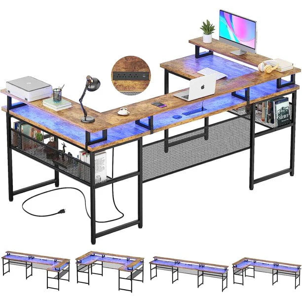 Homieasy U Shaped Desk with Power Outlet, 83 inch Reversible L-Shaped Gaming Desk with Monitor Stand and LED Strips, 2 Person Corner computer Desk with Storage Shelf for Home Office, Black