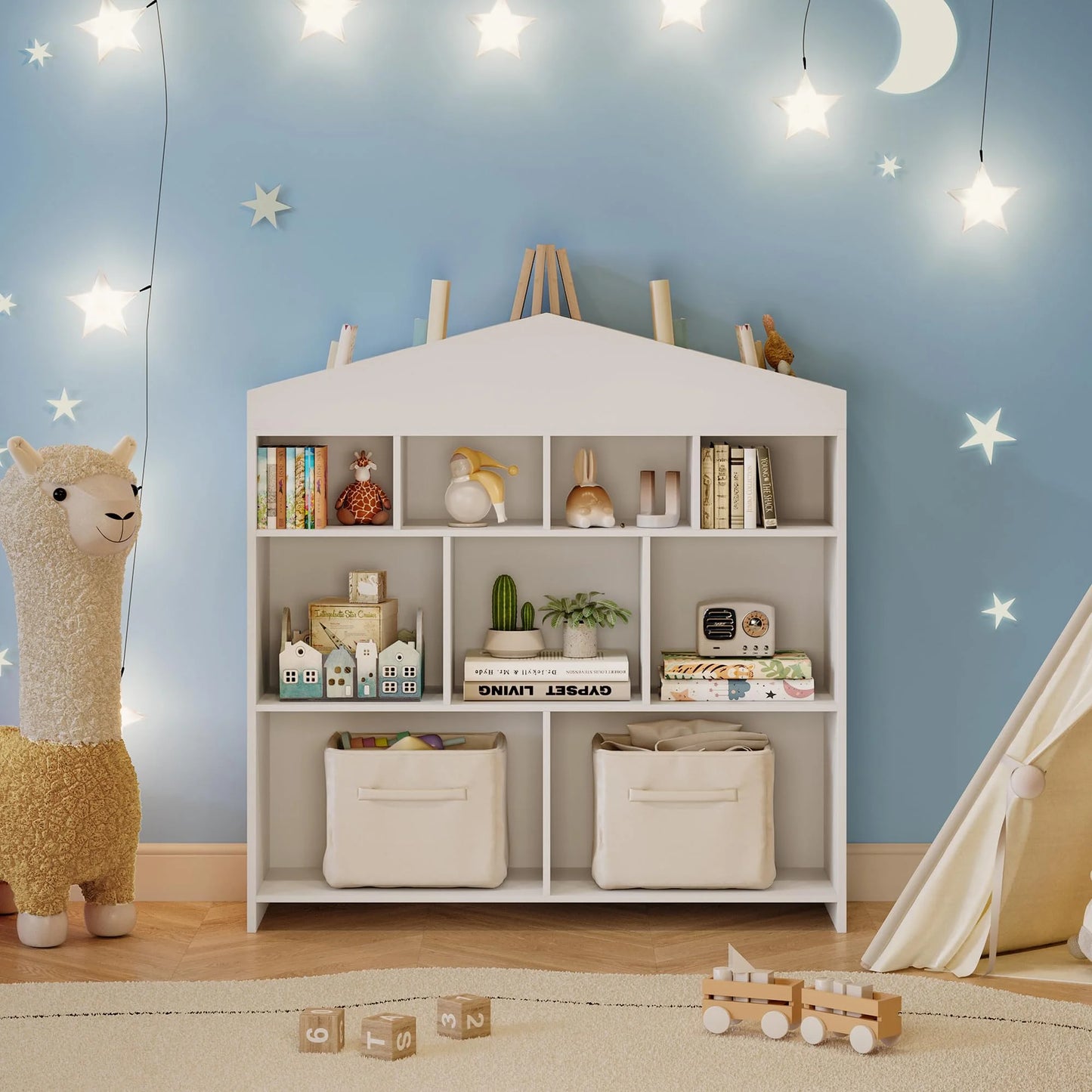 DSstyles Kids Bookshelf 9-Cubby Toy Storage Organizer White Bookcase Toddlers Playhouse Cabinet Shelf for Boys Girls Wooden Storage Toy Shelf for Playroom, Nursery, Kids Room