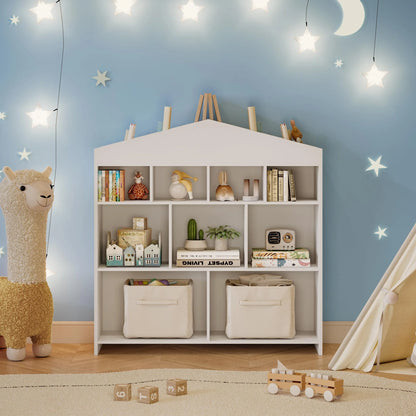 DSstyles Kids Bookshelf 9-Cubby Toy Storage Organizer White Bookcase Toddlers Playhouse Cabinet Shelf for Boys Girls Wooden Storage Toy Shelf for Playroom, Nursery, Kids Room