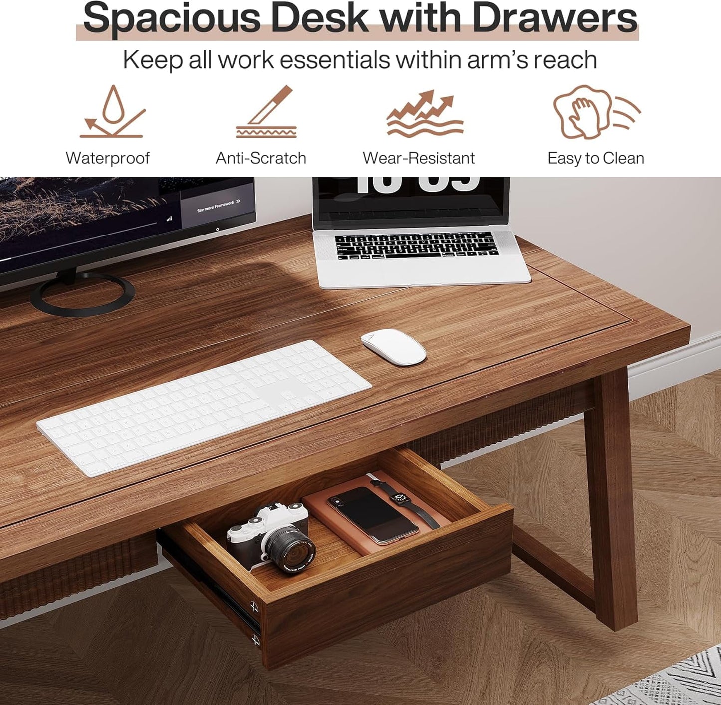 Executive Desk, 55 Inches Solid Wood Computer Desk with Drawer for Home Office