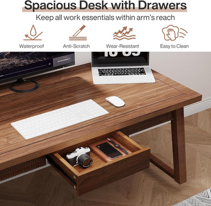 Executive Desk, 55 Inches Solid Wood Computer Desk with Drawer for Home Office