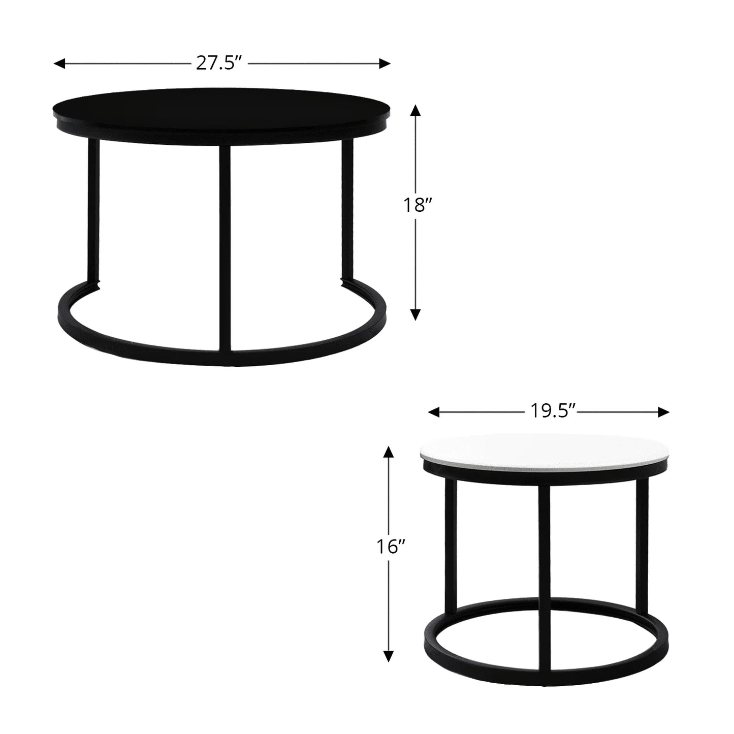 2 Round Tea Table Coffee Table Desk Sets | Black & White - Twin Sets Multi Function Wood & Steel Living Room Home Decor Polished Surface Overlapping Ending Tables Cocktail Table