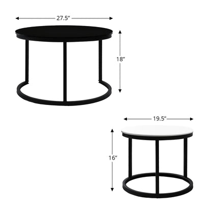 2 Round Tea Table Coffee Table Desk Sets | Black & White - Twin Sets Multi Function Wood & Steel Living Room Home Decor Polished Surface Overlapping Ending Tables Cocktail Table