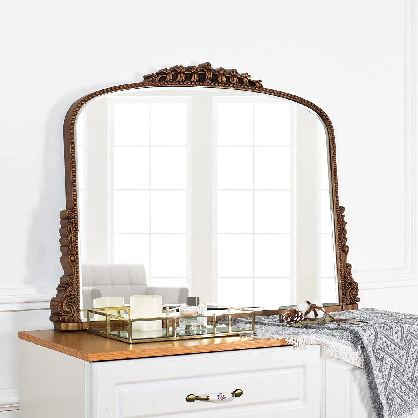 Shyfoy Large Arch Wall Mirror Ornate Mirror for Living Room Decor Anqitue Gold Decorative Mirrors for Wall 36" x 23"