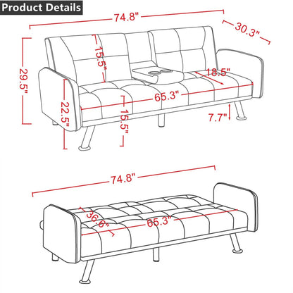 Aukfa 75" Square Arm Futon Convertible Sofa Bed for Home Office, 2 Cup Holders, Linen, Dark Gray