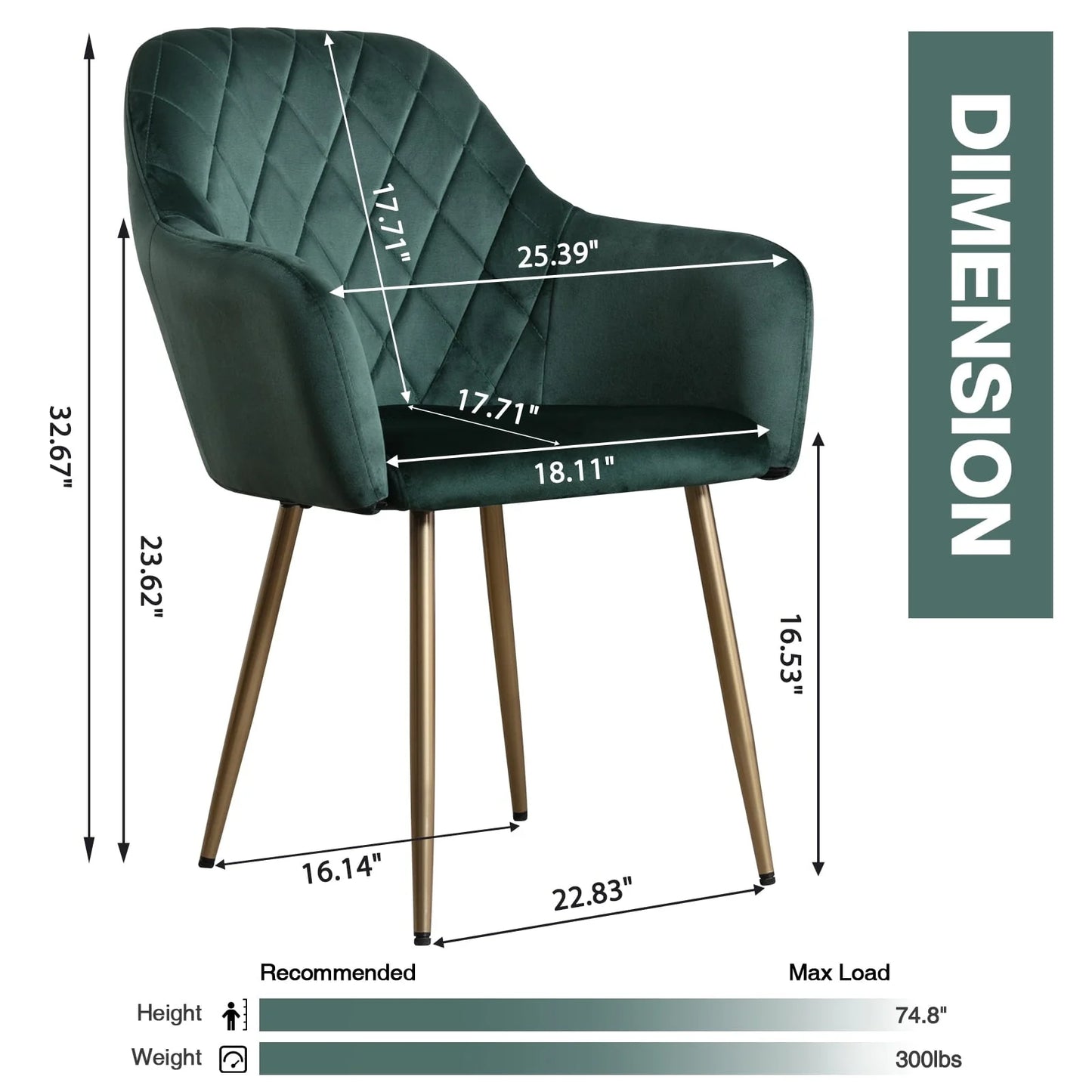Vanbow Velvet Office Chair Upholstered Mid-Century Modern Office Chairs with Gold Legs for Kitchen Living Room Home Office Bedroom,Green