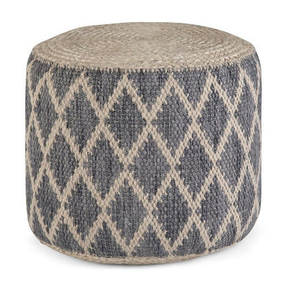 Edgeley Boho Round Pouf in Classic Blue, Natural Woven Braided Jute