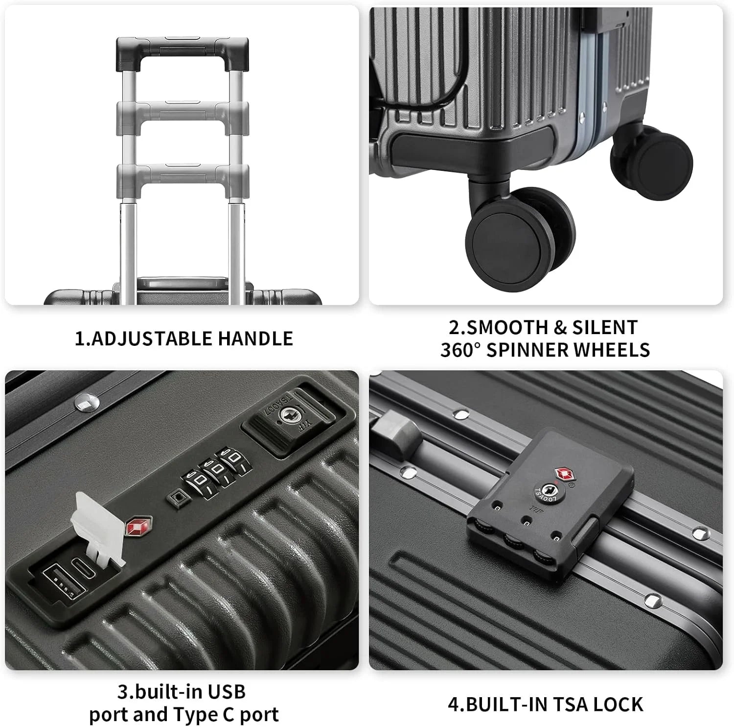 Carry-On Luggage with USB Charging Port, Front Compartment, TSA Lock, Airline Approved Carry On Hardside Suitcase with Spinner Wheels (Grey, 20inch)