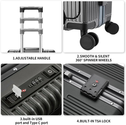 Carry-On Luggage with USB Charging Port, Front Compartment, TSA Lock, Airline Approved Carry On Hardside Suitcase with Spinner Wheels (Grey, 20inch)