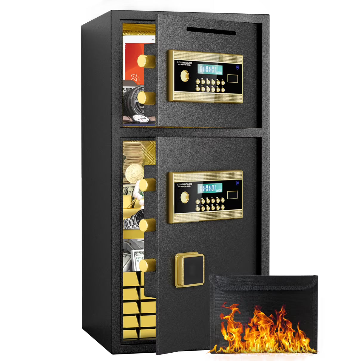 Large Double Door Security Safe Box, 6.0 Cubic Feet Home Safe Lock Box with Big Fireproof Waterproof Safe Bag, 25.6 in Digital Safes with Dual Alarm and Hidden Code Function for Home Office, Black