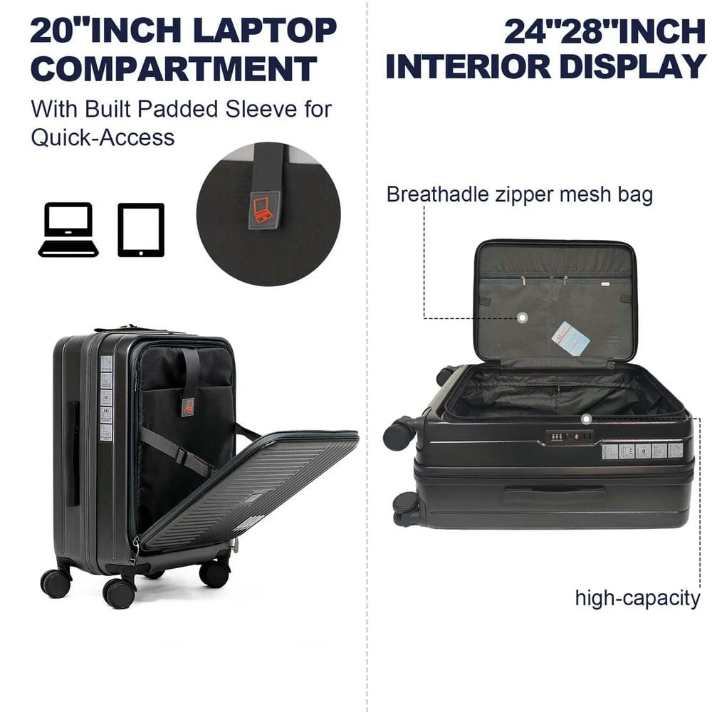 Topcobe Luggage with Front Opening, TSA Approved Lock, Hardshell Suitcase, Lightweight Luggage for Traveling, Black