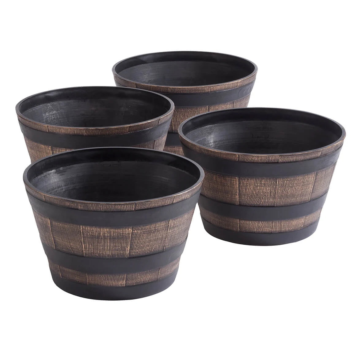 Fox Valley Traders Realistic Wood-Look Barrel Planters, Lightweight Durable Plastic, Set of 4, Each 8°?High x 13" dia.