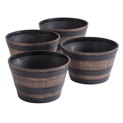 Fox Valley Traders Realistic Wood-Look Barrel Planters, Lightweight Durable Plastic, Set of 4, Each 8°?High x 13" dia.
