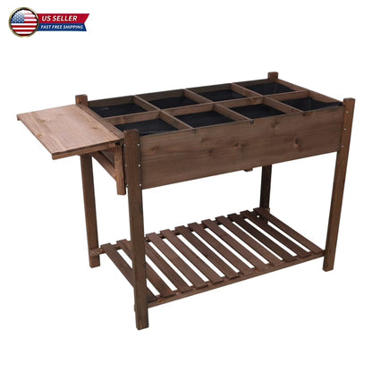 IVV Elevated Wooden Raised Garden Bed - 8 Grid Planter Box with Folding Side Table and Storage Shelf, Fabric Liner & Drainage Holes for Vegetables, Herbs, and Flowers - Dark Brown