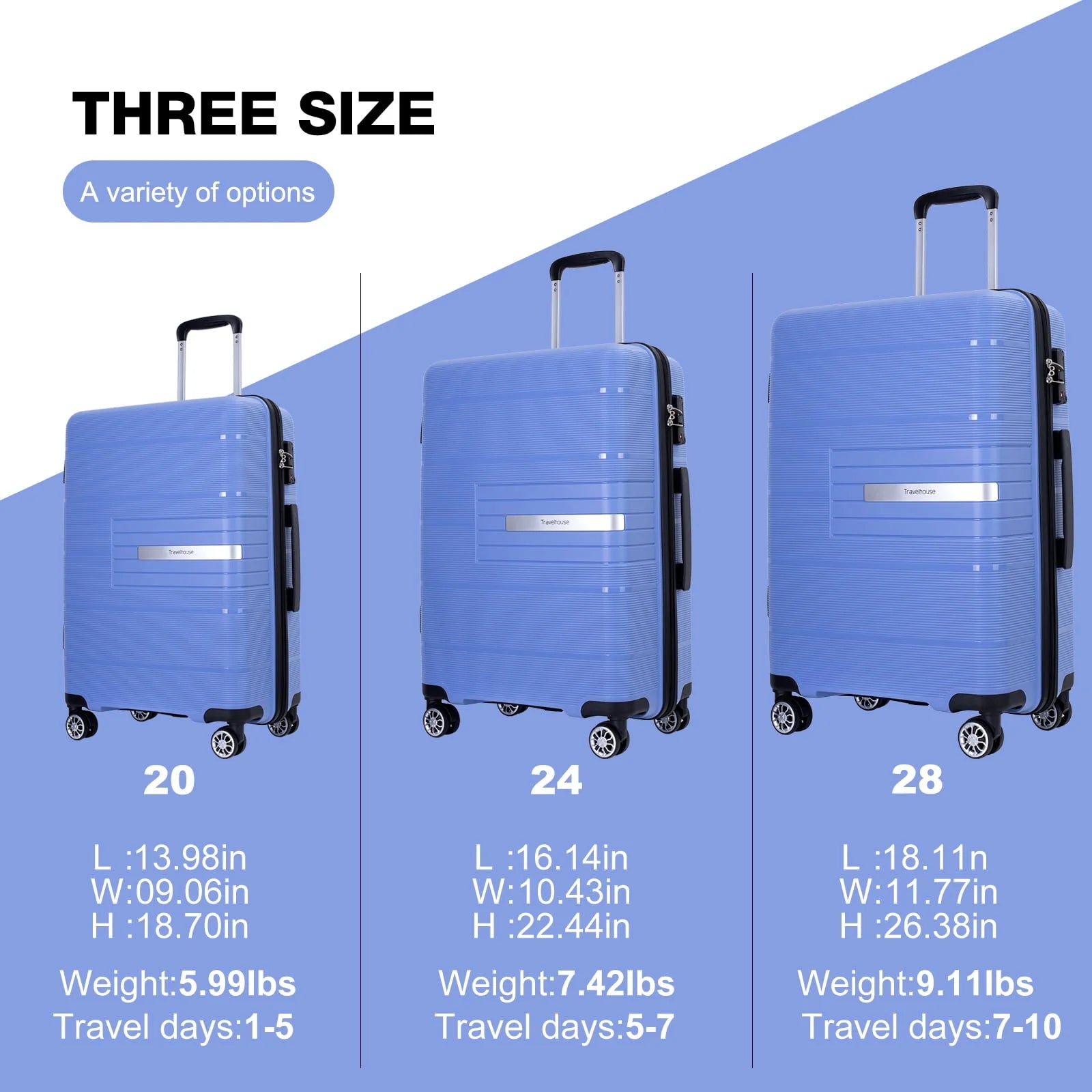 Tripcomp 3 Piece Luggage Sets, Hard shell Carry On Luggage, PP case with Two Hooks, Spinner Wheels, TSA Lock, Airline Approved, Lightweight Durable Suitcase, (20”24”28”)(Purplish Blue)