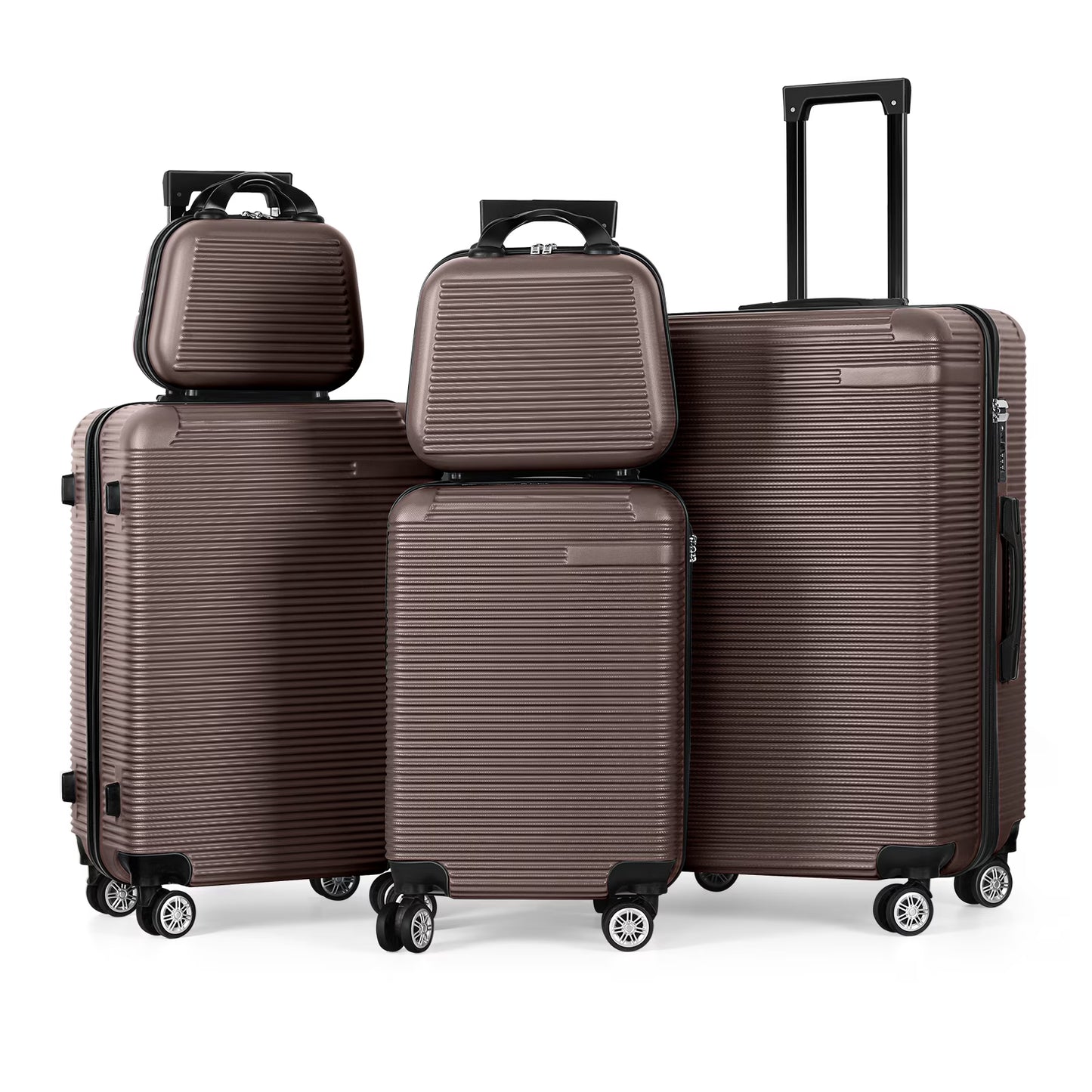 5 Piece Travel Luggage Set, 12" 14" 20'' 24" 28'' Expandable Lightweight Suitcase with Noise-free Double Spinner Wheels & TSA Lock, ABS Hardshell Suitcase for Vacation, Brown