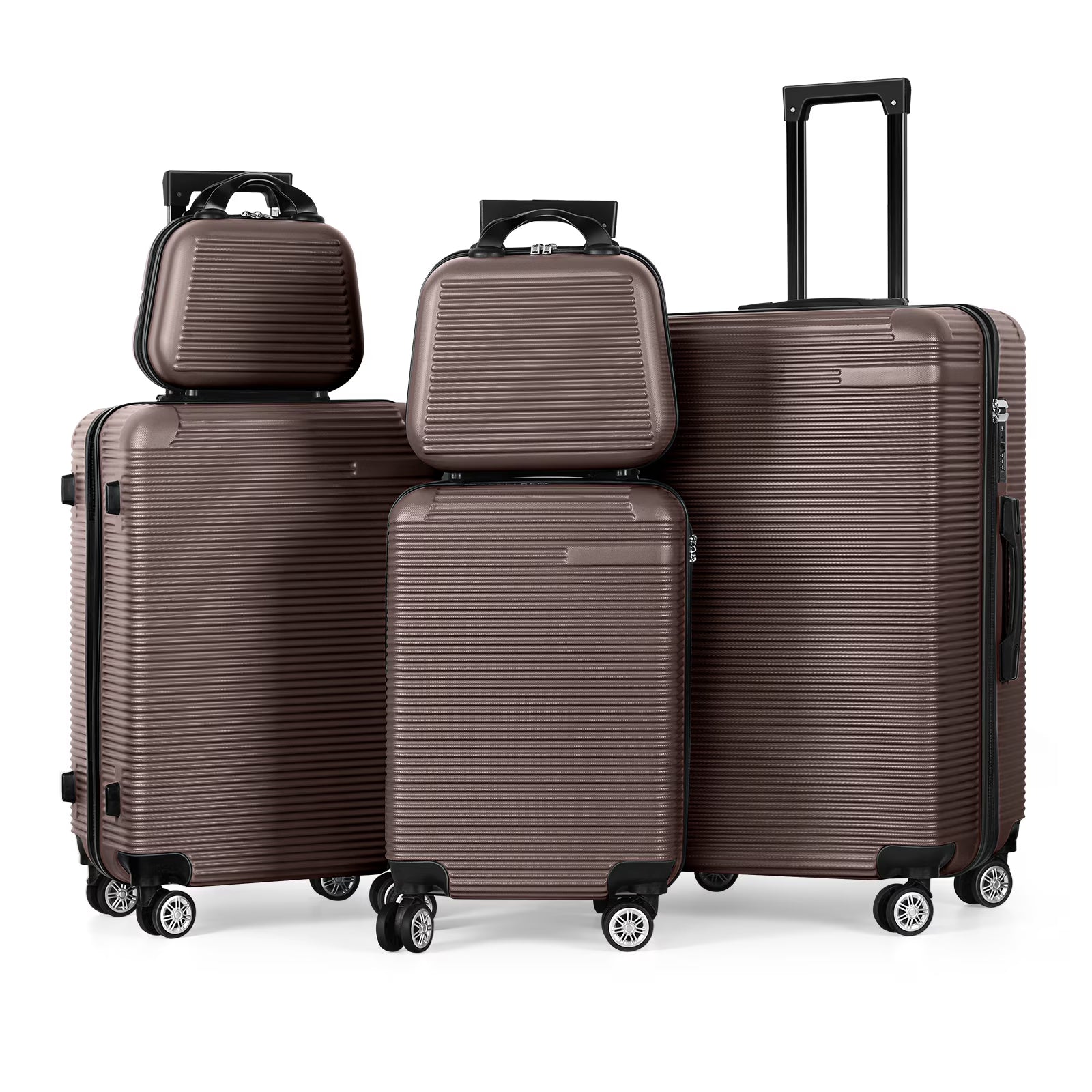 5 Piece Travel Luggage Set, 12" 14" 20'' 24" 28'' Expandable Lightweight Suitcase with Noise-free Double Spinner Wheels & TSA Lock, ABS Hardshell Suitcase for Vacation, Brown