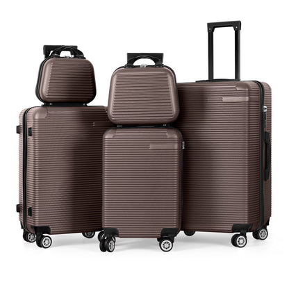 5 Piece Travel Luggage Set, 12" 14" 20'' 24" 28'' Expandable Lightweight Suitcase with Noise-free Double Spinner Wheels & TSA Lock, ABS Hardshell Suitcase for Vacation, Brown