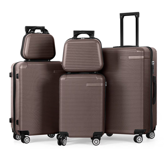 5 Piece Travel Luggage Set, 12" 14" 20'' 24" 28'' Expandable Lightweight Suitcase with Noise-free Double Spinner Wheels & TSA Lock, ABS Hardshell Suitcase for Vacation, Brown