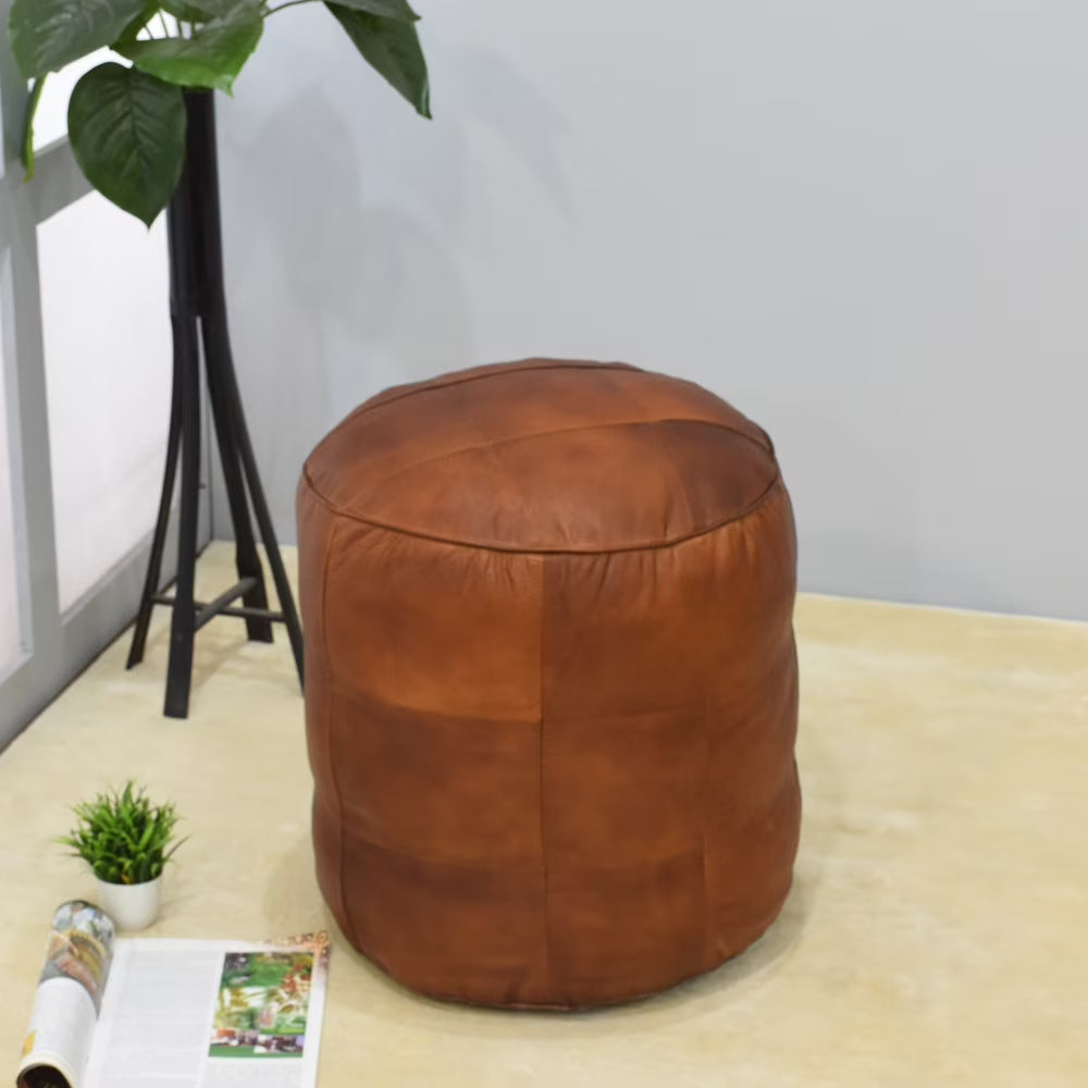HANDMADE ECO-FRIENDLY ROUND SHAPED STUFFED LEATHER BLACK POUF - 14" x 14" x 14", Round Shape, Black Color, , Seating Pouf For Living Room, Study Room, Patio & Office