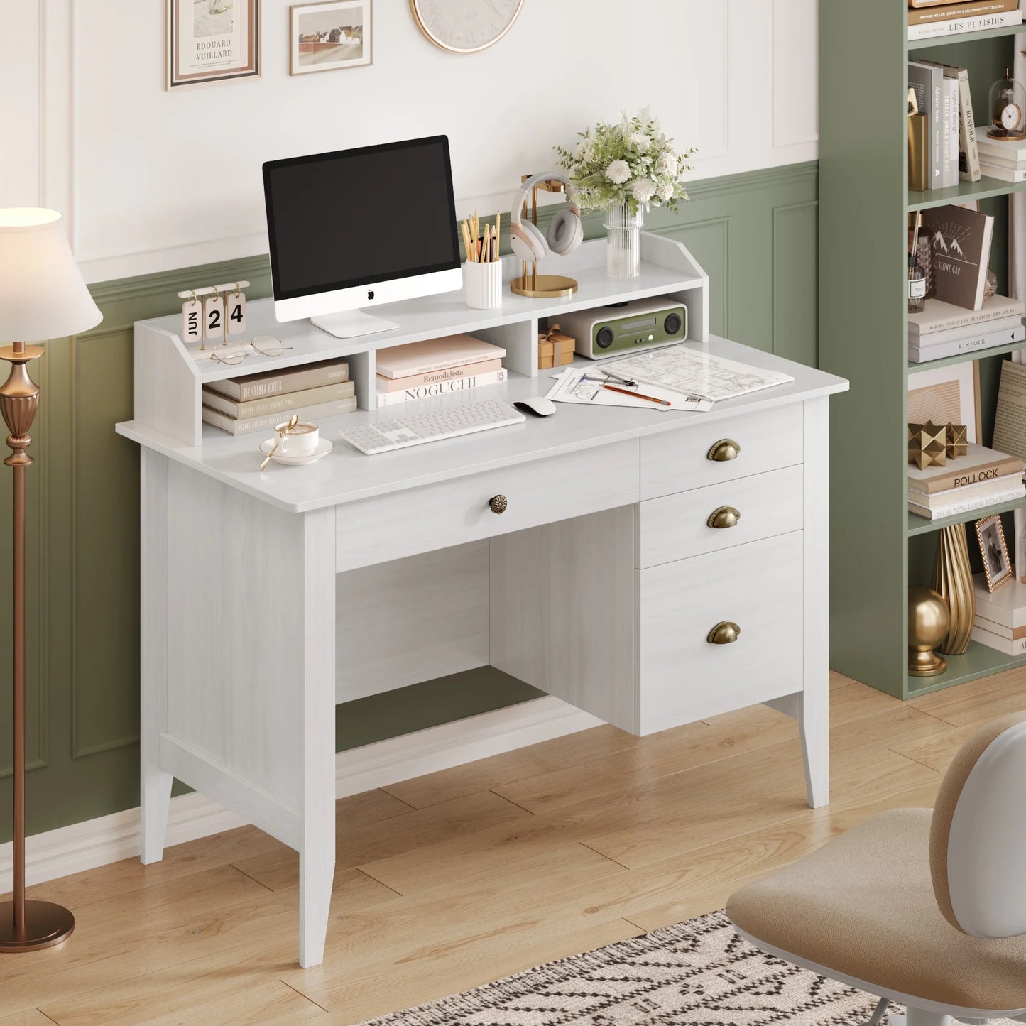 Homfa 47 in Computer Desk, Home Office Writing Table with 4 Drawers and Hutch Shelf, Oak White
