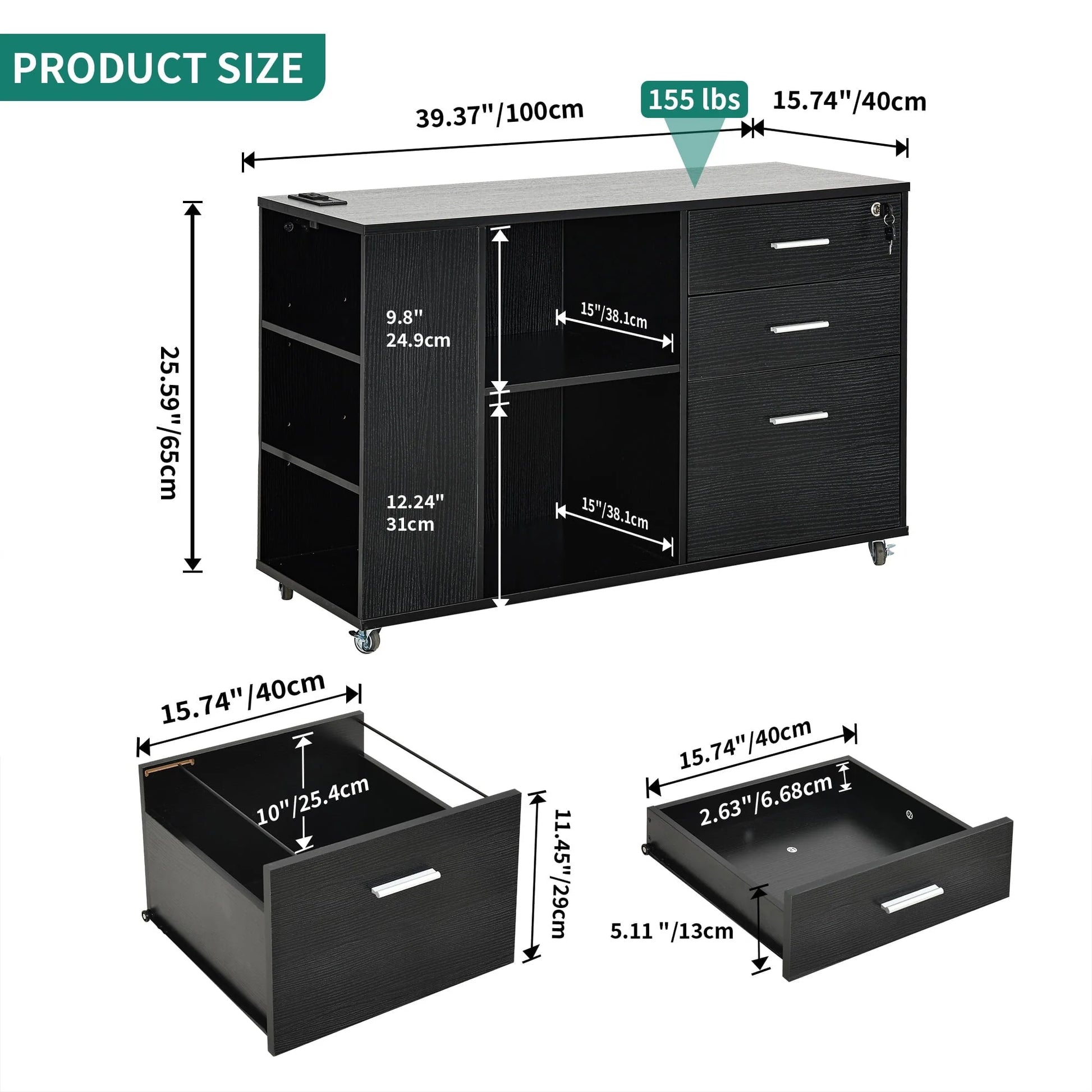 Dextrus File Cabinet with Charging Station, Mobile Lateral Filing Cabinet with Lock for Home Office, Printer Stand with Open Storage Shelf, Fits A4, Letter, Legal Size Files, Office Furniture, Black