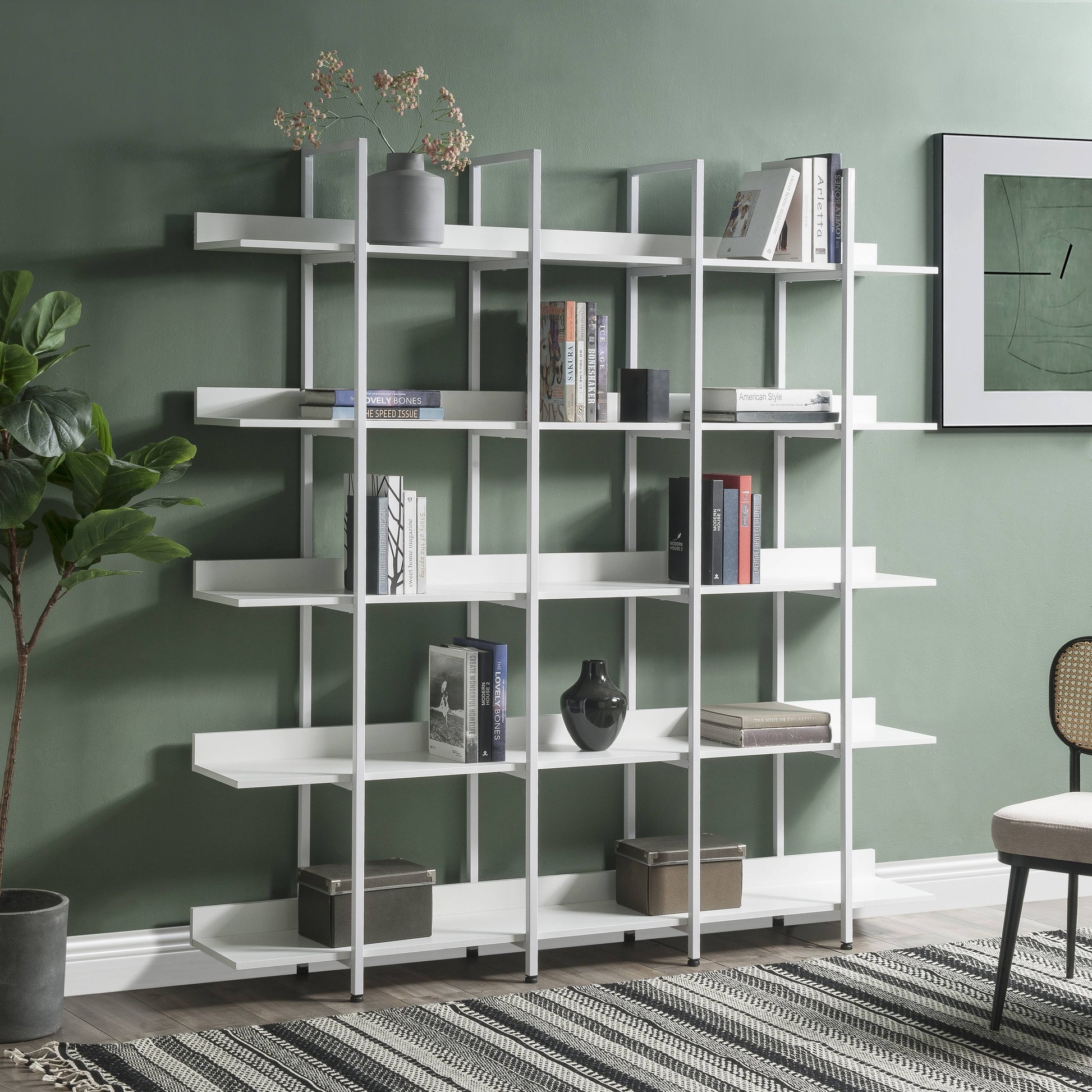 Bellemave 5 Tier Large Open Bookshelf, Home Office Display Shelves with Metal Frame, Vintage Industrial Bookcases with Back Fence, High-quality MDF Board (Brown)