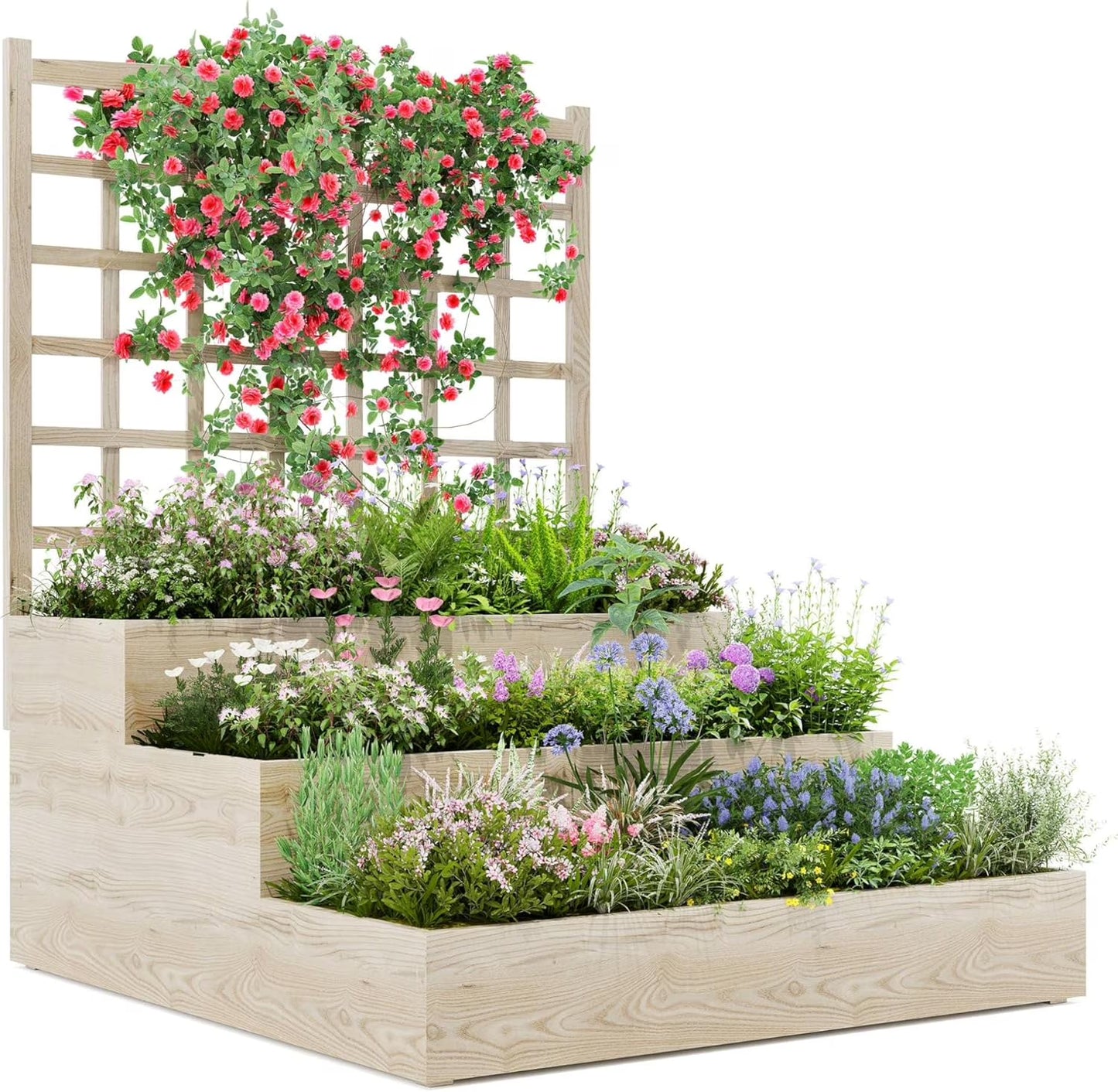 3-Tiers Raised Garden Bed With Climbing Frame for Flowers, Vegetables, Herbs