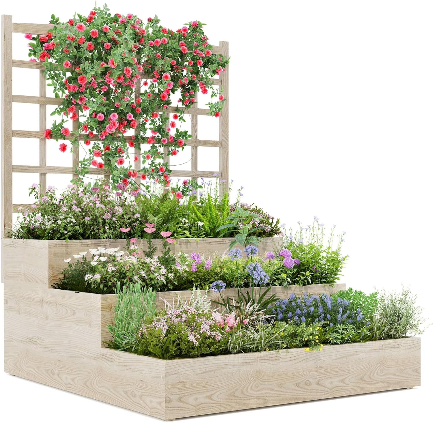 3-Tiers Raised Garden Bed With Climbing Frame for Flowers, Vegetables, Herbs
