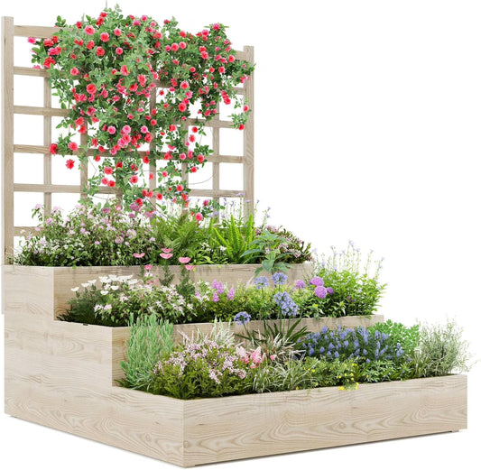 3-Tiers Raised Garden Bed With Climbing Frame for Flowers, Vegetables, Herbs