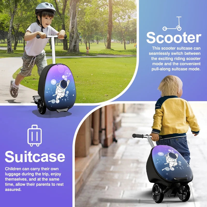 EAYSG 2-in-1 Kids Scooter Luggage with LED Lights,Ride-On Carry-On Suitcase for Children Ages 5-12, Foldable, Lightweight Travel Suitcase,Purple