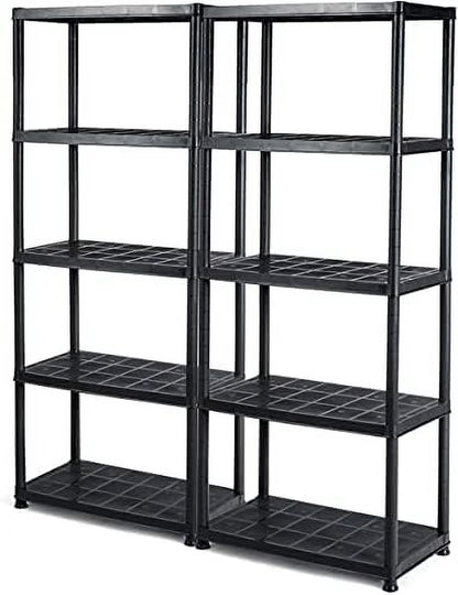 5 Tier Plastic Storage Shelves, Easy to Assemble Garage Rack, Multi-Use Free Standing Shelf Unit, Heavy Duty Shelving for Home Office, Black(2, 36° L X 18° W X 73° H)