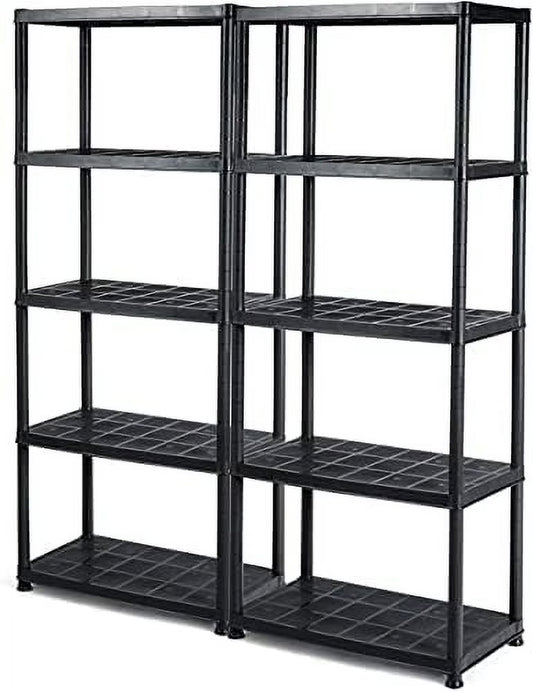 5 Tier Plastic Storage Shelves, Easy to Assemble Garage Rack, Multi-Use Free Standing Shelf Unit, Heavy Duty Shelving for Home Office, Black(2, 36° L X 18° W X 73° H)