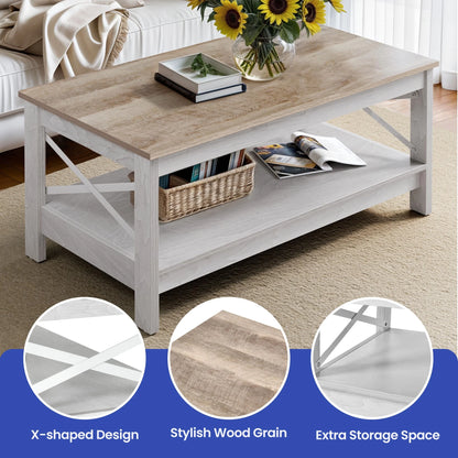 Wooflex Rustic Wood Coffee Table with 2-Tier Storage Shelf, Rectangle Design for Living Room or Home Office