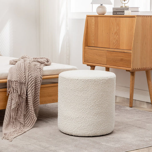 KINWELL Round Upholstered Pouf Ottoman Footrest 18' x18' x18' - Boucle White 18"