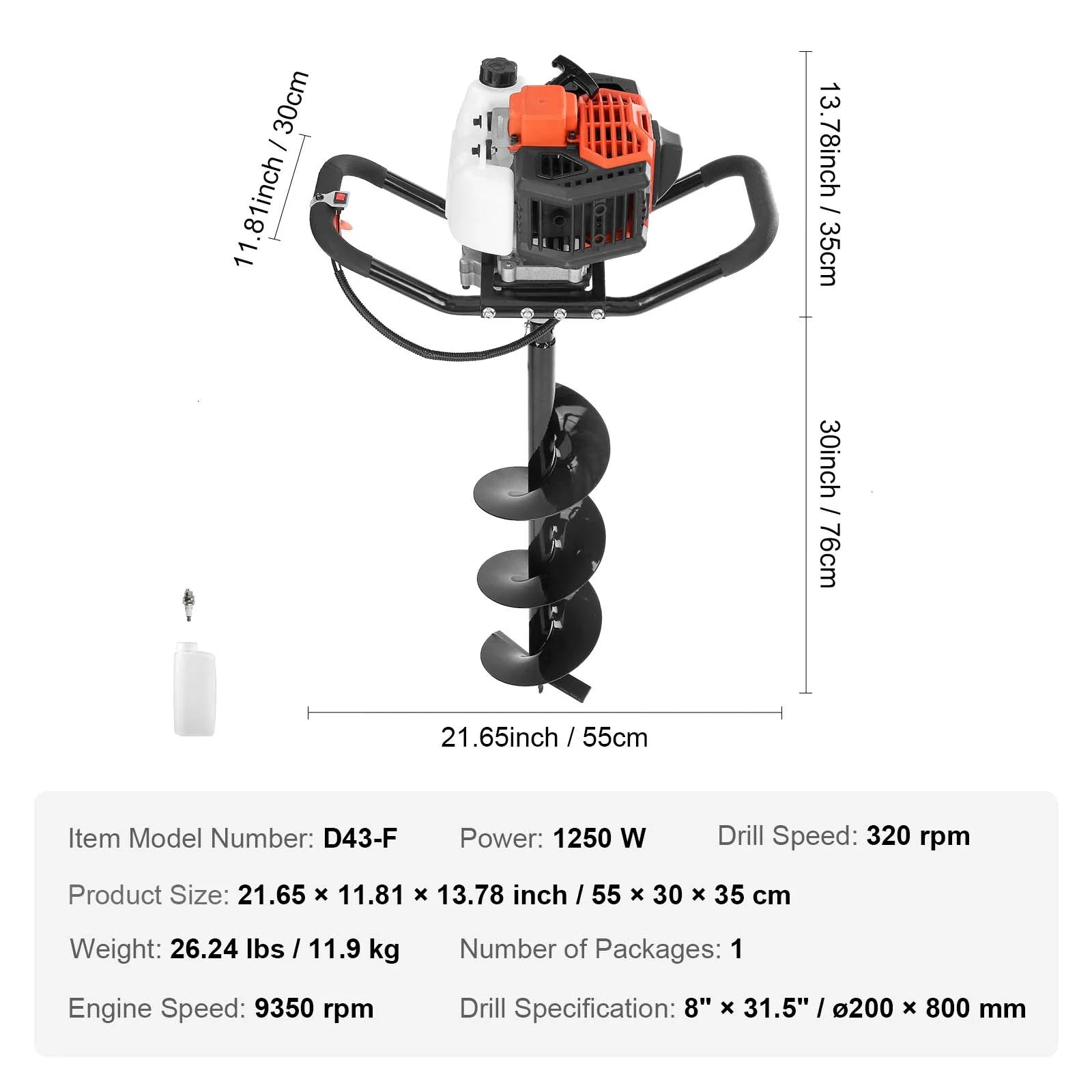 KFFKFF Earth Excavator, 43cc 1250W Soil Borer, Gas-Operated Ground Driller with 8" Soil Drilling Bit, 30-inch Long Alloy Steel Borer, Suitable for Agricultural Land, Gardens and Plants, EPA Certified