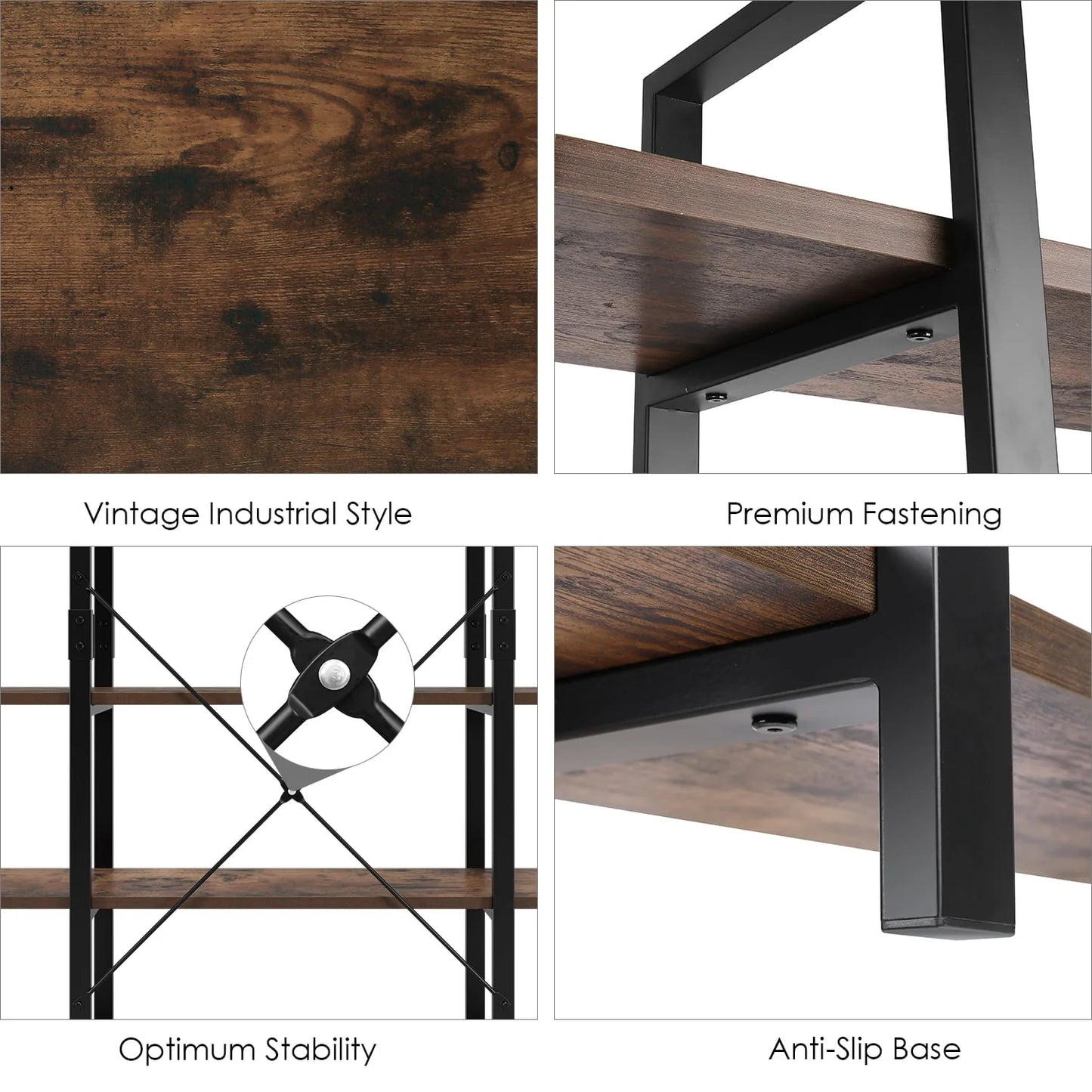 Homfa Industrial 5 Tier Storage Bookshelf , Wood Bookcase Shelf Unit with Metal Frame for Home Office Living Room, Rustic Brown