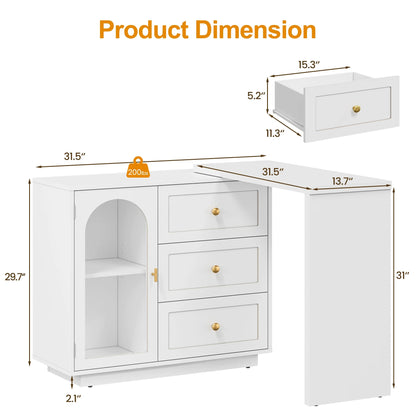 CozyHome 59° Extendable Corner Vanity Desk with Rotatable Tabletop, Large White Makeup Vanity Table for Women Girl, 3 Drawer & 1 Door, Wood Vanity Dresser for Apartment, Dorm, Study Room, Home Office