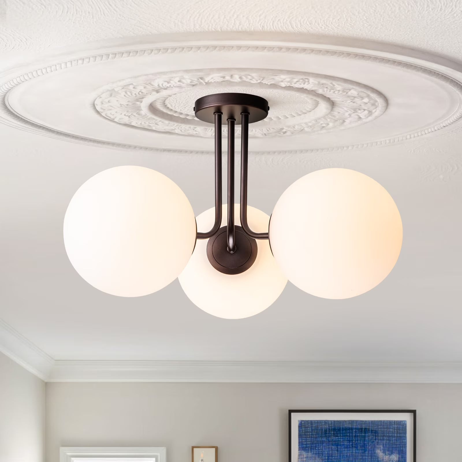 OYIPRO 3 - Light 22'' Modern Sputnik Globe Glass Semi Flush Mount Light Gold/Clear Glass