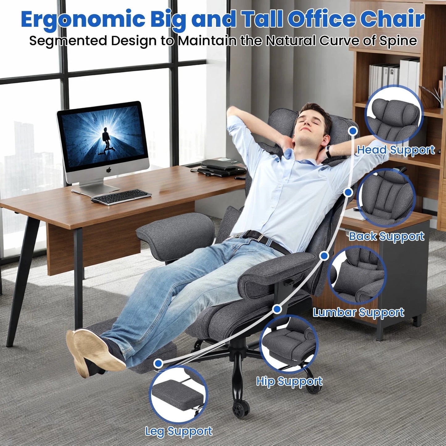 Hoffree Big and Tall Fabric Office Chair 450lbs, Executive Desk Chair with Massage Ergonomic Computer Chair with Footrest Reclining Desk Office Chair with Lumbar Support for Home Office