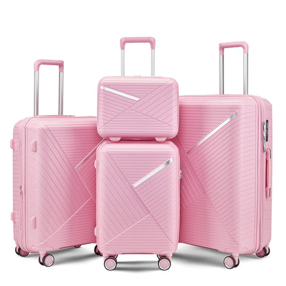 4 Piece Luggage Set, 14"/20''/24/''28'' Expandable Lightweight Suitcase with Noise-free Double Spinner Wheels & TSA Lock, Polypropylene Hardshell Storage Case for Travel Vacation, Champagne