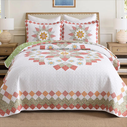 3 Pcs 100% Cotton Sunflower Pattern Patchwork Quilt Bedspread Set|Farmhouse Bedding Set for All Seasons
