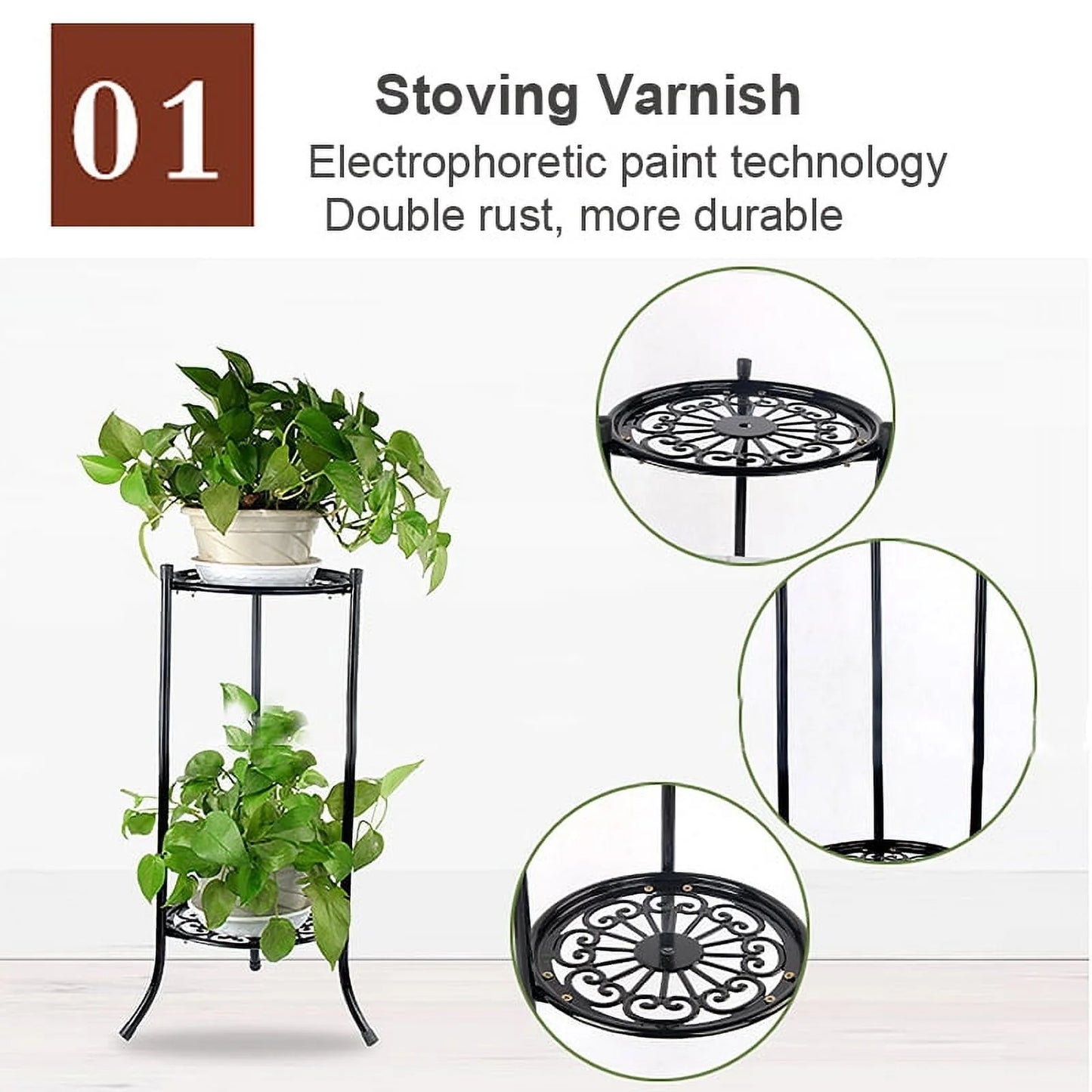 2 Tier Metal Plant Stand, Round Plant Shelf Flower Pot Rack Modern Planter Holder for Garden Patio Indoor Outdoor Black White