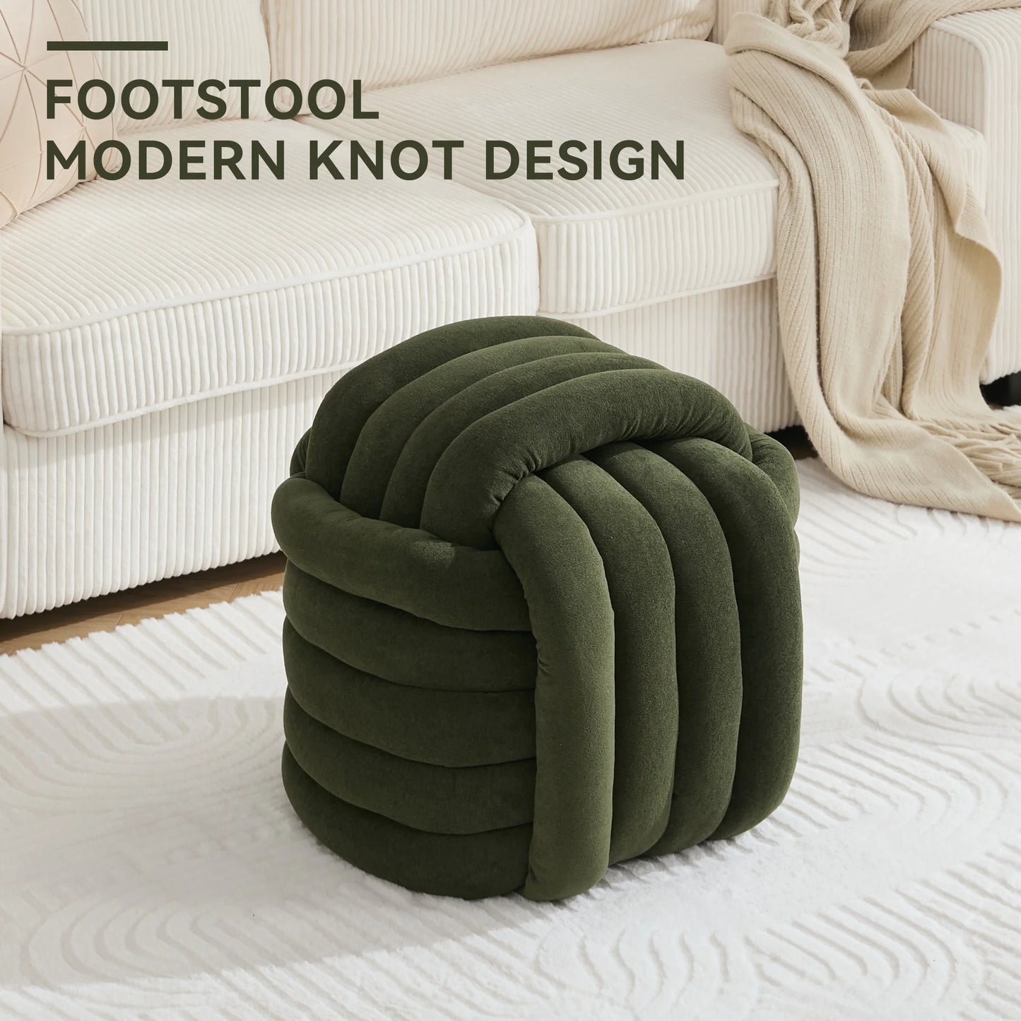 Modern Ottoman Footstool, Chenille Braided Foot Stool with Sponge Filling, Exquisite End Table Pouf Stool Soft Shoe Stool, Green