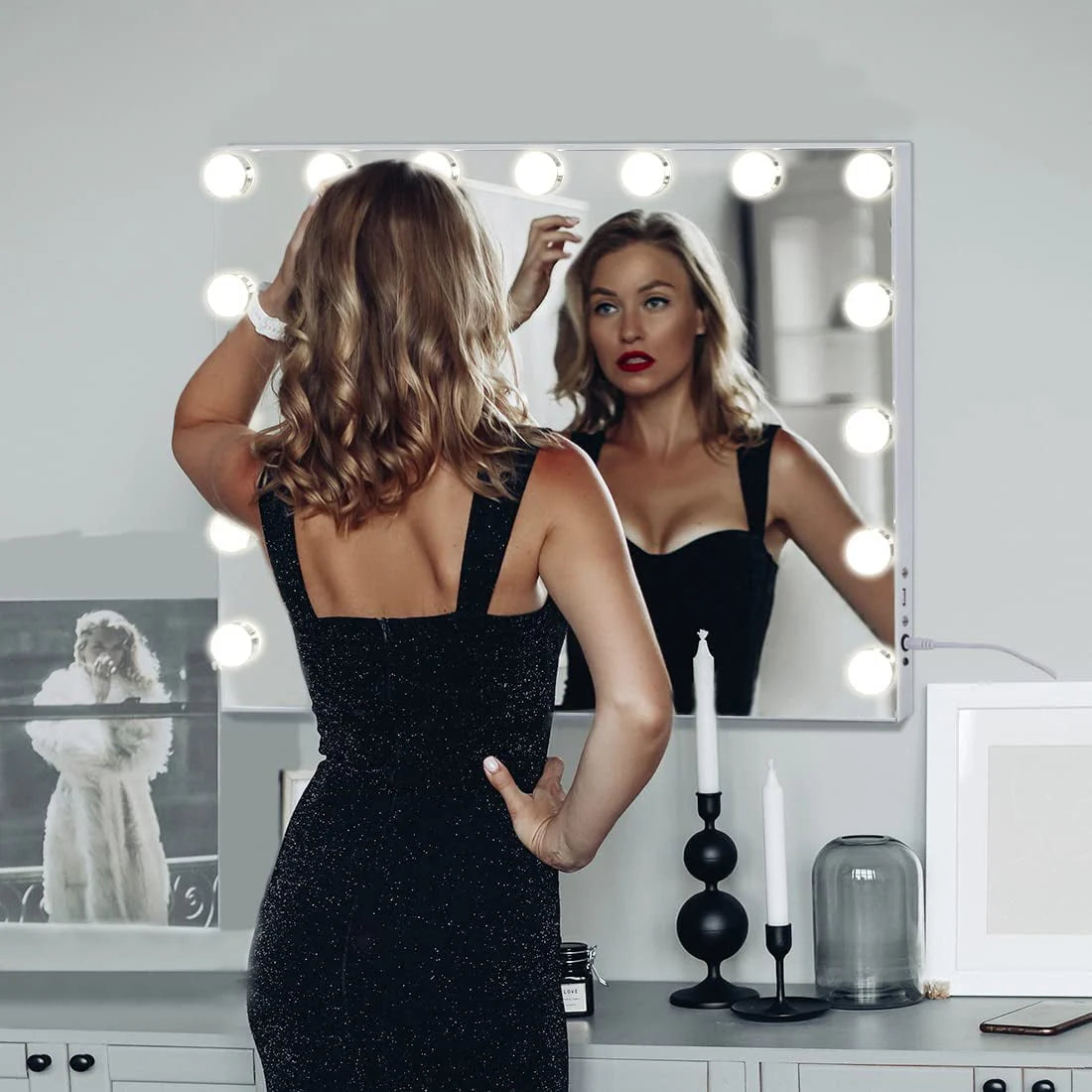 COOLJEEN Large Hollywood Vanity Mirror with Lights Wall Mount Tabletop Metal White