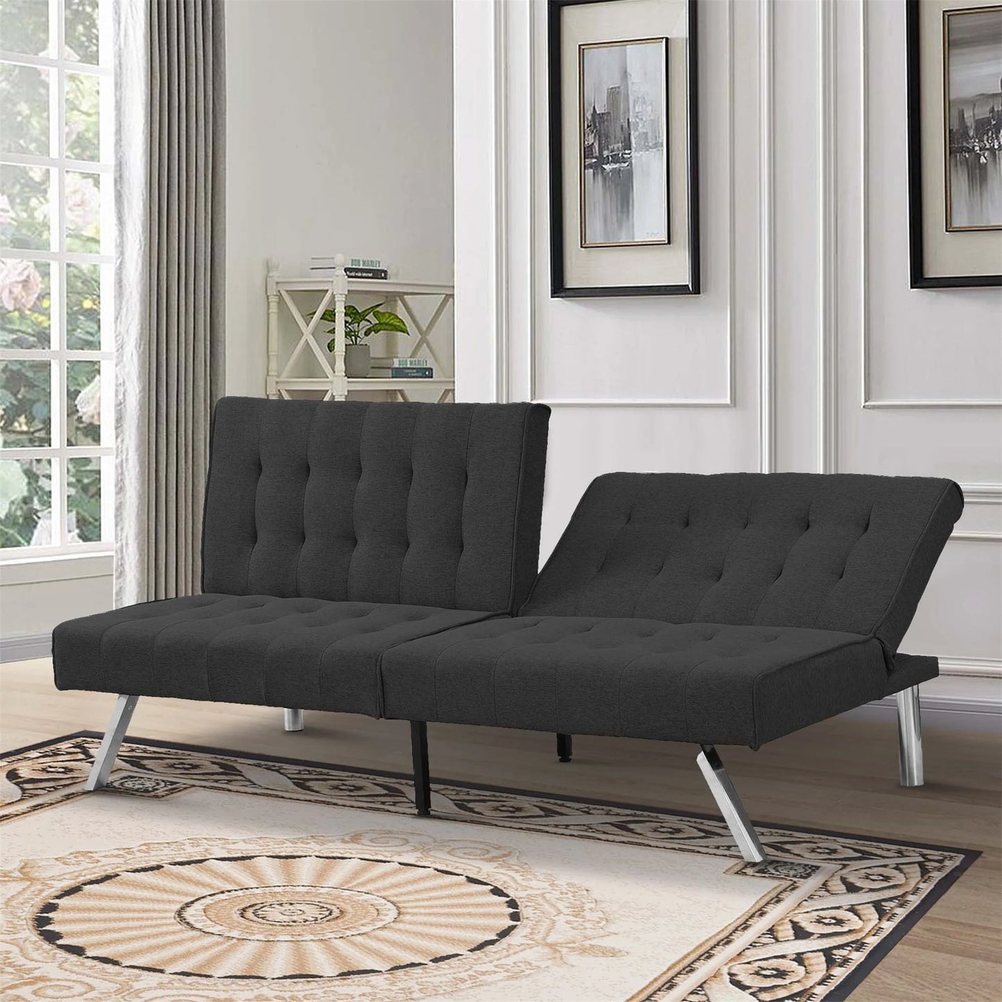 Aukfa Linen Futon Convertible Sofa for Home Office, Split Back, Space Save, Black