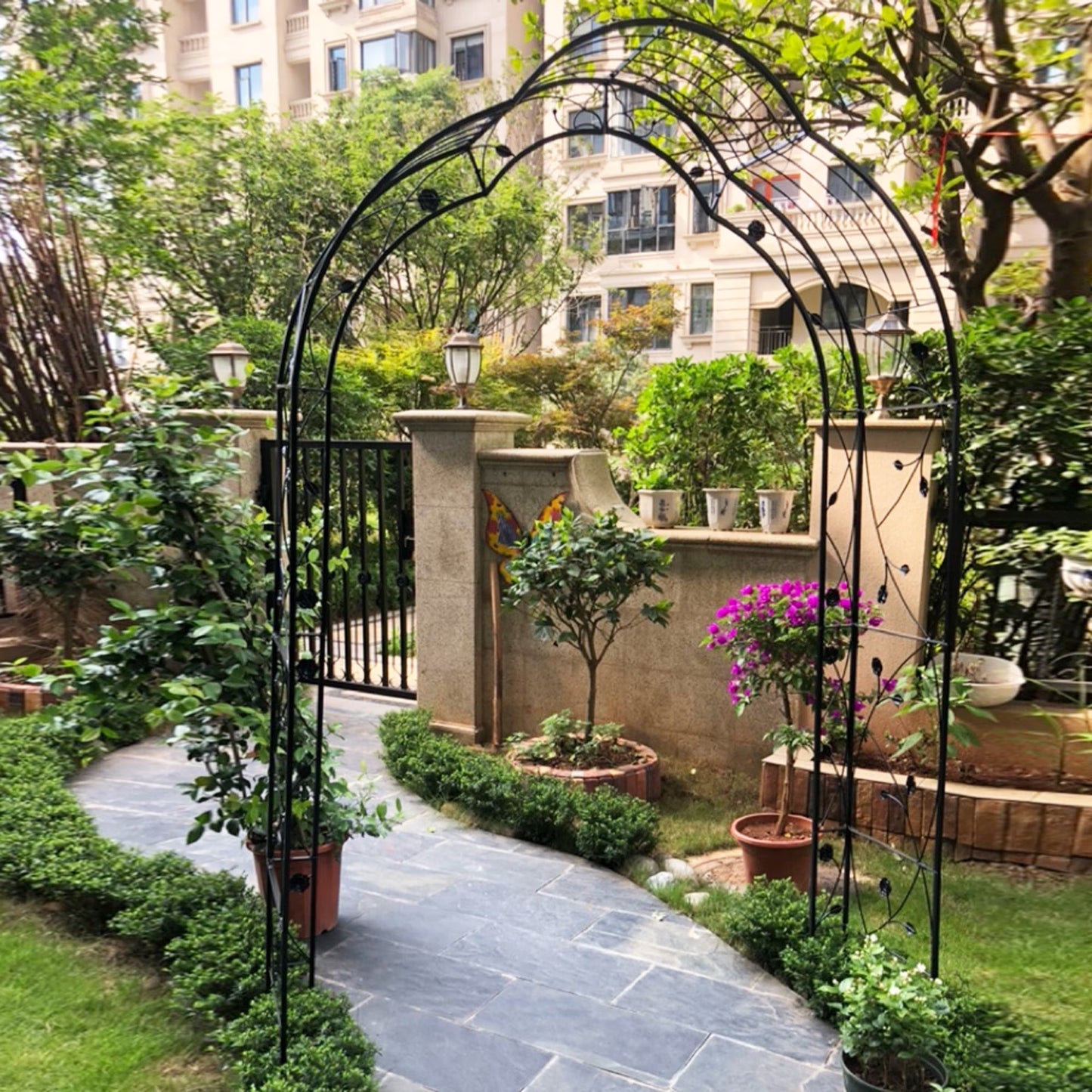 Aukfa Metal Garden Arch, Garden Arbor Trellis Climbing Plants Wedding Arch,74.4" x 98.4", White