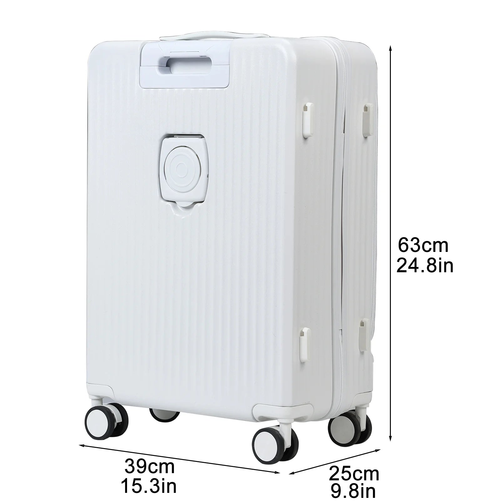 24 Inch Checked Luggage with Front Pocket, USB Charging Port, Built-in lock Carry on Suitcase, Cup Holder and Phone Holder, Medium Hardside Suitcase with Spinner Wheels, White